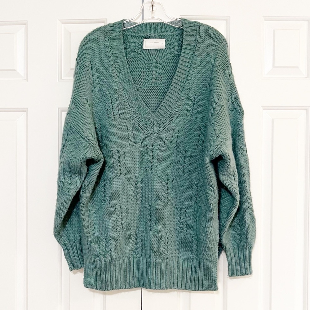 Lucky Brand Oversized Slouchy Fit Chunky Cozy Green Cable Knit V-Neck Sweater. - Picture 2 of 15